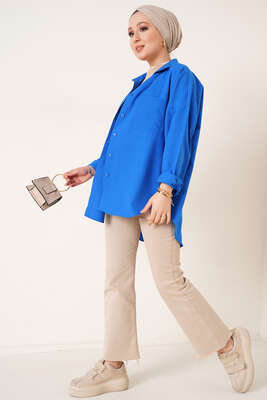 Çift Cep Gömlek Saks - Thumbnail