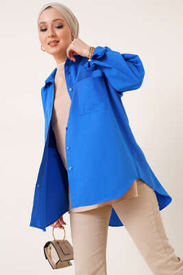 Çift Cep Gömlek Saks - Thumbnail