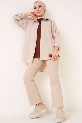 Çift Cep Gömlek Bej - Thumbnail