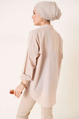 Çift Cep Gömlek Bej - Thumbnail