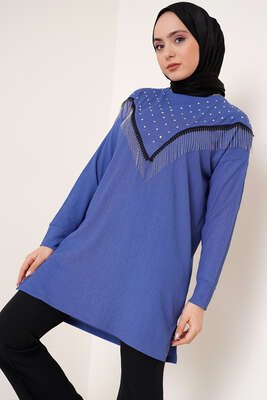 Püskül Zincir Süslemeli İndigo - Thumbnail