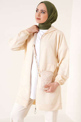 Boydan Fermuarlı Bej Hırka - Thumbnail