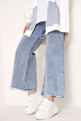 Kısa Püsküllü Kot Pantolon Açık Kar - Thumbnail