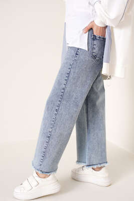 Kısa Püsküllü Kot Pantolon Açık Kar - Thumbnail