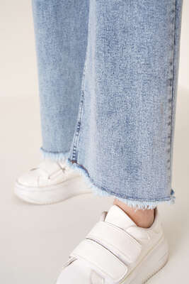 Kısa Püsküllü Kot Pantolon Açık Kar - Thumbnail