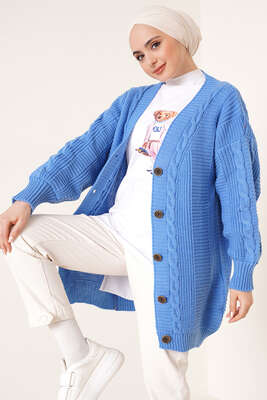 Önden Düğmeli Örgü Hırka Mavi - Thumbnail