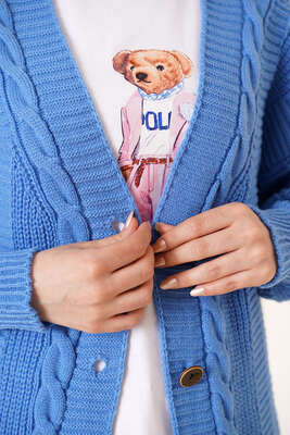 Önden Düğmeli Örgü Hırka Mavi - Thumbnail