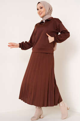 Fermuarlı Etekli İkili Takım Kahve - Thumbnail