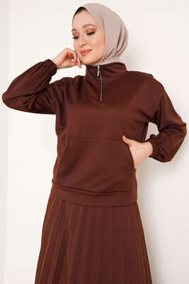 Fermuarlı Etekli İkili Takım Kahve - Thumbnail