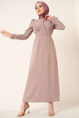 Pazarium - Kol Ucu Tüylü Kemerli Elbise Vizon