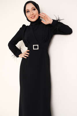 Kol Ucu Tüylü Kemerli Elbise Siyah - Thumbnail