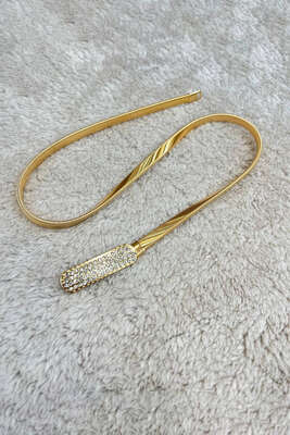 Pazarium - Parlak Taşlı Toka İtalyan Yassı Kemer Gold