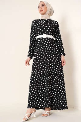 Puantiye Desen Bürümcük Elbise Siyah - Thumbnail