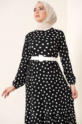 Puantiye Desen Bürümcük Elbise Siyah - Thumbnail