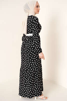 Puantiye Desen Bürümcük Elbise Siyah - Thumbnail