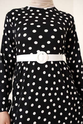 Puantiye Desen Bürümcük Elbise Siyah - Thumbnail