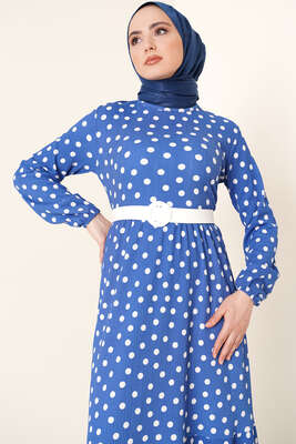 Puantiye Desen Bürümcük Elbise İndigo - Thumbnail