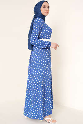 Puantiye Desen Bürümcük Elbise İndigo - Thumbnail