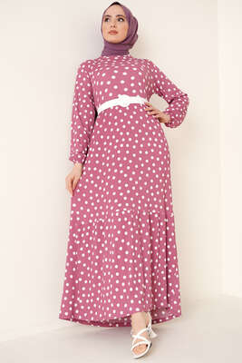 Puantiye Desen Bürümcük Elbise Gül Kurusu - Thumbnail