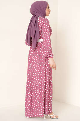 Puantiye Desen Bürümcük Elbise Gül Kurusu - Thumbnail