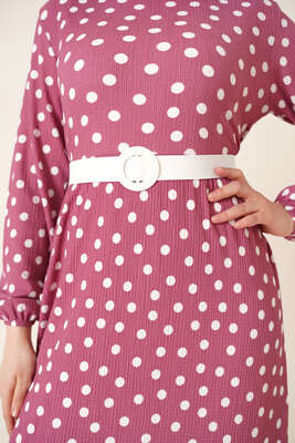 Puantiye Desen Bürümcük Elbise Gül Kurusu - Thumbnail