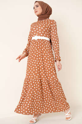 Puantiye Desen Bürümcük Elbise Camel - Thumbnail