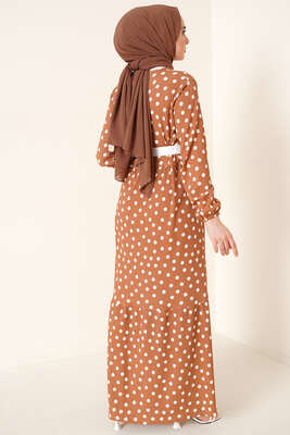 Puantiye Desen Bürümcük Elbise Camel - Thumbnail