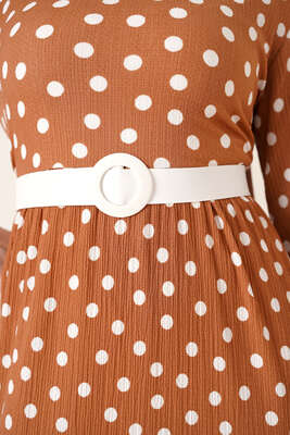 Puantiye Desen Bürümcük Elbise Camel - Thumbnail