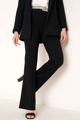 Pazarium - Yandan Fermuarlı İspanyol Paça Siyah Pantolon