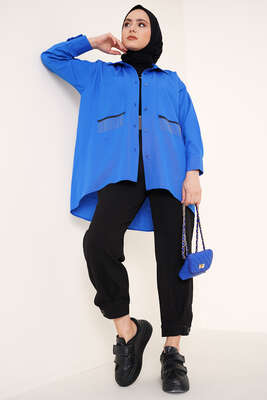 Zincir Püskül Detaylı Gömlek Saks - Thumbnail