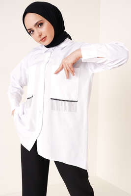 Zincir Püskül Detaylı Gömlek Beyaz - Thumbnail