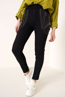 Taş Süslemeli Dar Paça Jean Pantolon Siyah - Thumbnail