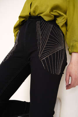 Taş Süslemeli Dar Paça Jean Pantolon Siyah - Thumbnail