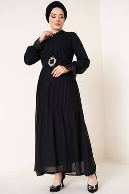 Piliseli Kuşaklı Şifon Elbise Siyah - Thumbnail