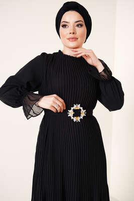 Piliseli Kuşaklı Şifon Elbise Siyah - Thumbnail