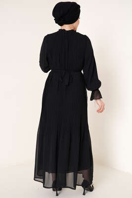 Piliseli Kuşaklı Şifon Elbise Siyah - Thumbnail