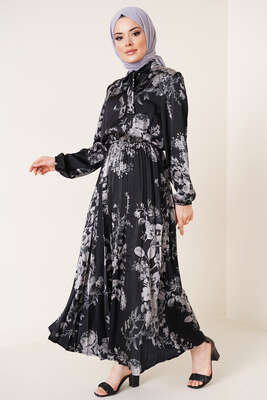 Yakası Kuşaklı Saten Elbise Siyah - Thumbnail