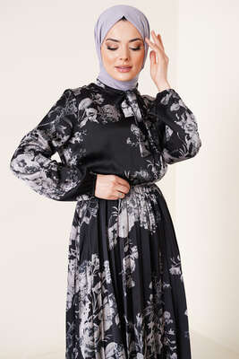 Yakası Kuşaklı Saten Elbise Siyah - Thumbnail