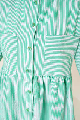 Çizgili Çift Cepli Gofre Gömlek Yeşil - Thumbnail