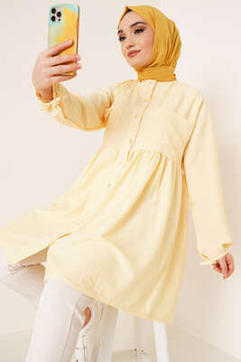 Çizgili Çift Cepli Gofre Gömlek Sarı - Thumbnail