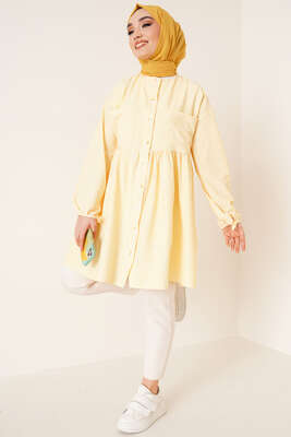 Çizgili Çift Cepli Gofre Gömlek Sarı - Thumbnail