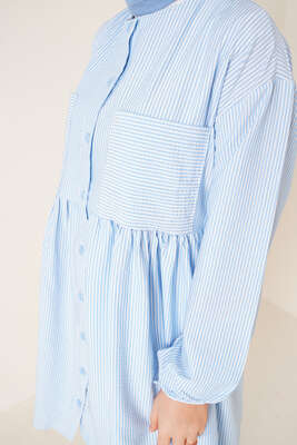 Çizgili Çift Cepli Gofre Gömlek Mavi - Thumbnail
