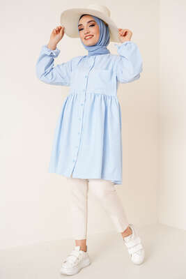 Çizgili Çift Cepli Gofre Gömlek Mavi - Thumbnail