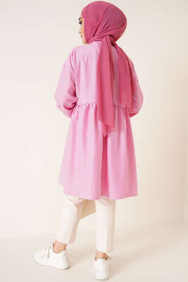 Çizgili Çift Cepli Gofre Gömlek Fuşya - Thumbnail