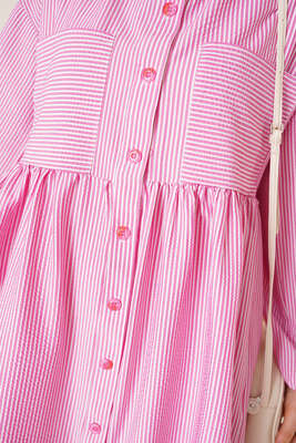 Çizgili Çift Cepli Gofre Gömlek Fuşya - Thumbnail