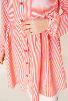 Çizgili Çift Cepli Gofre Gömlek Alizarin - Thumbnail