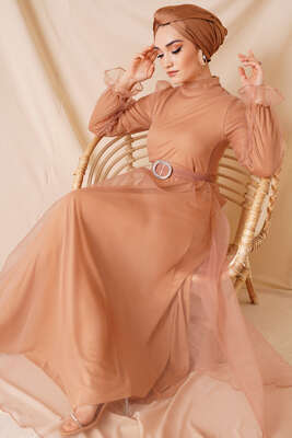 Pazarium - Kuşaklı Tül Elbise Latte