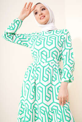 Labirent Desen Elbise Yeşil - Thumbnail