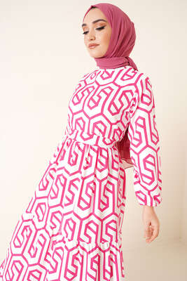 Labirent Desen Elbise Fuşya - Thumbnail