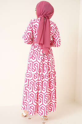 Labirent Desen Elbise Fuşya - Thumbnail